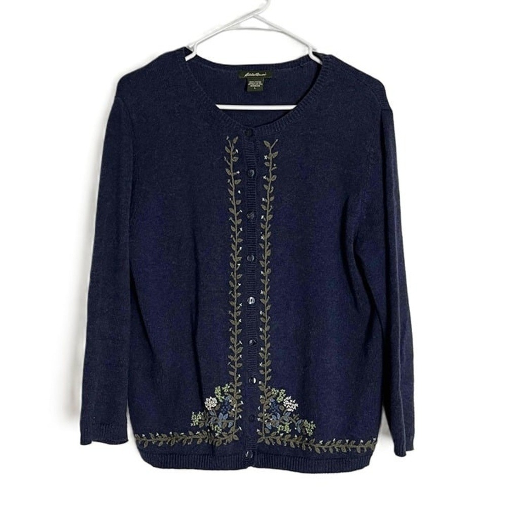 VTG Cottagecore Floral Embroidered Cotton Cardigan Eddie Bauer L Navy Blue Japan - Picture 10 of 10